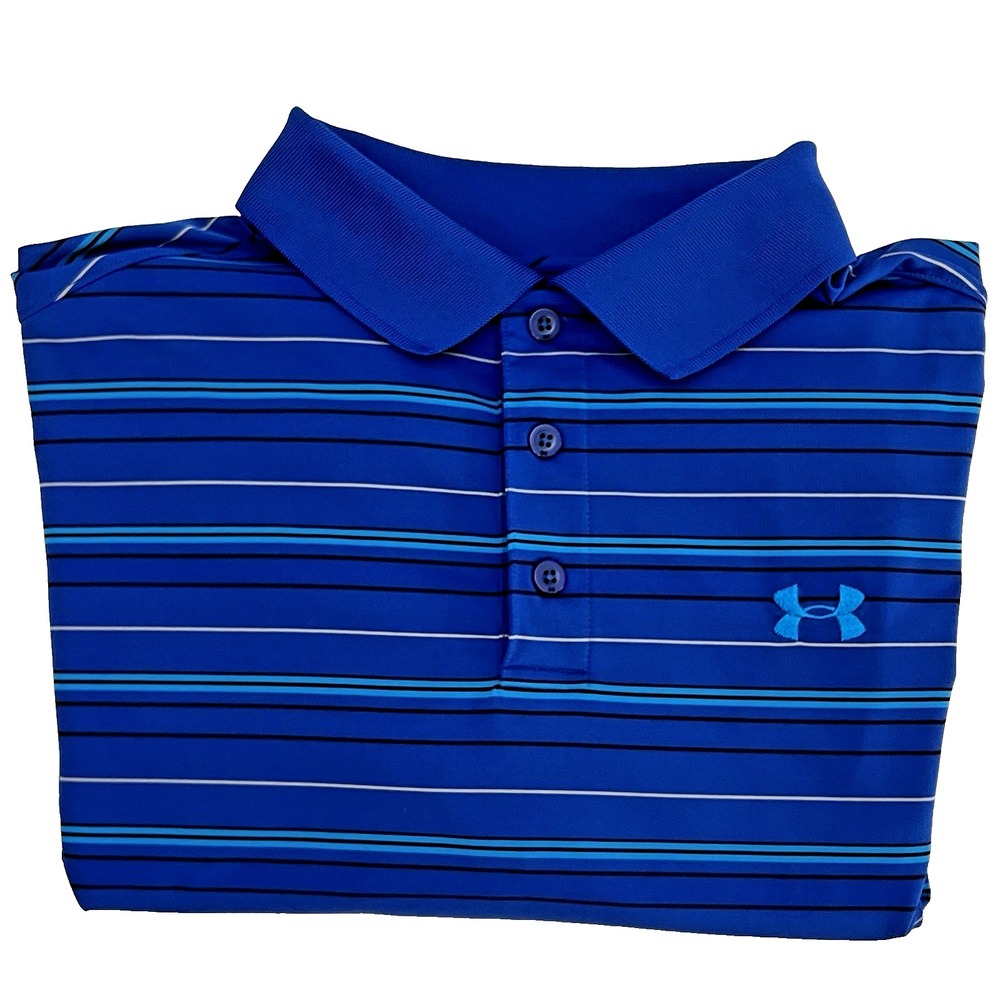 Under Armour Polo Shirt Mens Large Blue Striped HeatGear Golf Performance Loose